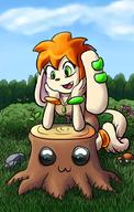 :3 artist:goshaag breasts character:Milla_Basset cloud complex_background fang flower grass happy mushroom outside safe stump stumpy // 590x928 // 582.2KB