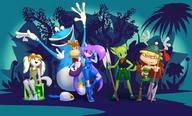 artist:metalli background bandana barefoot character:Carol_Tea character:Milla_Basset character:Rayman character:Sash_Lilac crossover cube female freedom_planet laughing male open_mouth rayman safe scenery smile staff wink // 1024x621 // 541.1KB