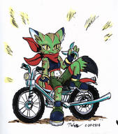 Freedom_Planet_2 artist:blademanunitpi bandana character:Carol_Tea female happy midriff motorcycle navel safe traditional // 800x911 // 157.6KB