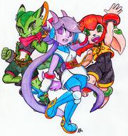 Freedom_Planet_2 Team_Lilac artist:superdog527 bandana barefoot character:Carol_Tea character:Milla_Basset character:Sash_Lilac fangs female midriff open_mouth pencil pose_copy safe teeth tongue traditional // 2280x2437 // 1.6MB