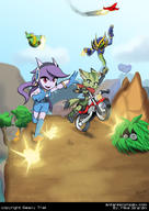 artist:gx3rcomics bandana character:Carol_Tea character:Sash_Lilac character:serpentine clouds dragon_valley fangs female freedom_planet gun happy male midriff motorcycle open_mouth running safe scenery teeth text tongue // 1024x1448 // 249.4KB