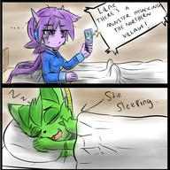 Freedom_Planet_2 alt_outfit artist:kenjikanzaki05 bed character:Carol_Tea character:Sash_Lilac comic eyes_closed fang female open_mouth safe sleeping sleepy speech_bubble text tongue // 600x600 // 339.2KB