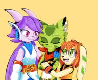 Freedom_Planet_2 Team_Lilac artist:AppleIdiot bandana character:Carol_Tea character:Milla_Basset character:Sash_Lilac eyes_closed female midriff navel open_mouth safe smile teeth tongue transparent_background // 988x810 // 92.7KB