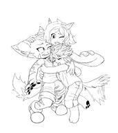 Team_Lilac artist:zako barefoot character:Carol_Tea character:Milla_Basset character:Sash_Lilac eyes_closed female happy hug lineart monochrome open_mouth pawpads safe teeth tongue wink // 1500x1688 // 185.8KB