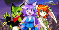 Portrait Team_Lilac artist:Kamira-EXE bandana character:Carol_Tea character:Milla_Basset character:Sash_Lilac fangs freedom_planet midriff navel open_mouth safe smile tongue // 800x404 // 149.4KB