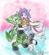 Freedom_Planet_2 Team_Lilac alt_outfit artist:zako barefoot character:Carol_Tea character:Milla_Basset character:Sash_Lilac eyes_closed female hugging pawpads safe sketch smile wink // 1200x1350 // 256.3KB