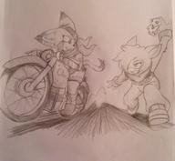 artist:tufts bandana cavy character:Carol_Tea character:Spade female freedom_planet male monochrome motorcycle running safe sketch // 1280x1177 // 259.9KB