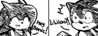 artist:sheena character:Sash_Lilac character:Sonic confused crossover female male miiverse monochrome no_background safe smile sonic_the_hedgehog text // 320x120 // 5.7KB