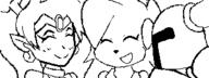 artist:Ryan.exe character:Sash_Lilac character:shantae character:shovel_knight crossover female male miiverse monochrome no_background safe smile // 320x120 // 3.8KB